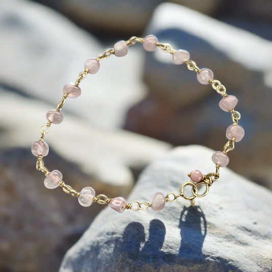 rose quartz wire wrapped bracelet in gold fill