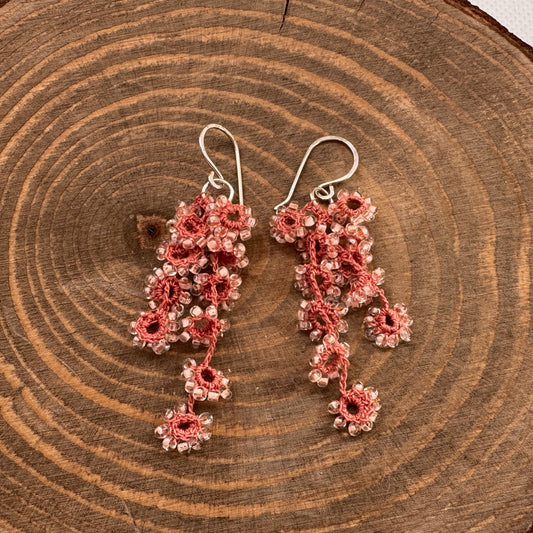 Flower Cascade Crochet Earrings in Peach