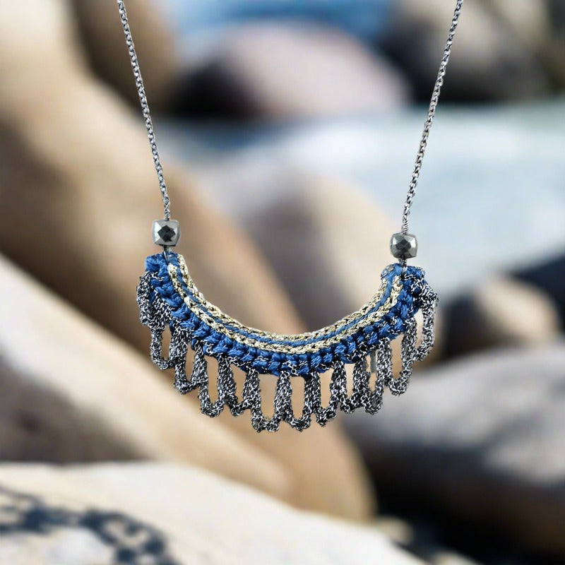 Crochet Silver Fringe Necklace With Pyrite