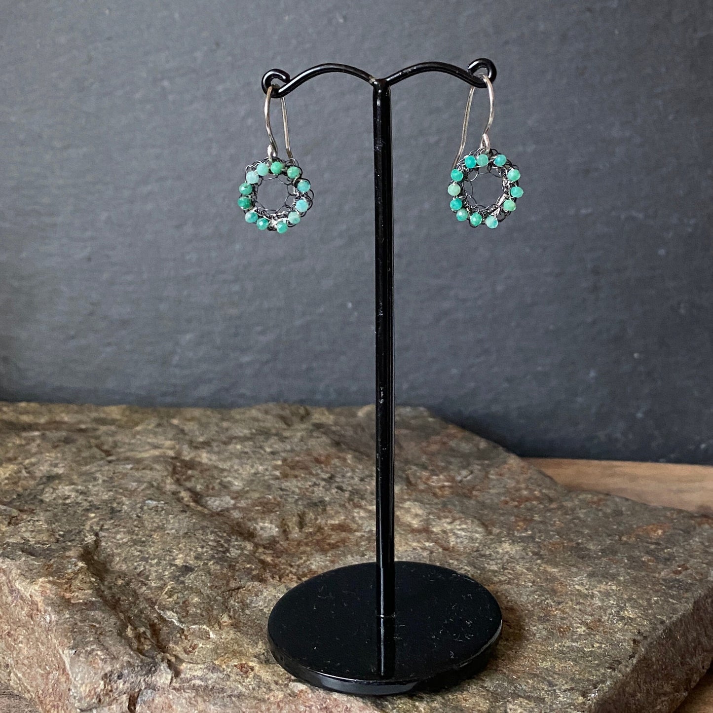 Oxidised Crochet Earrings with Chrysoprase