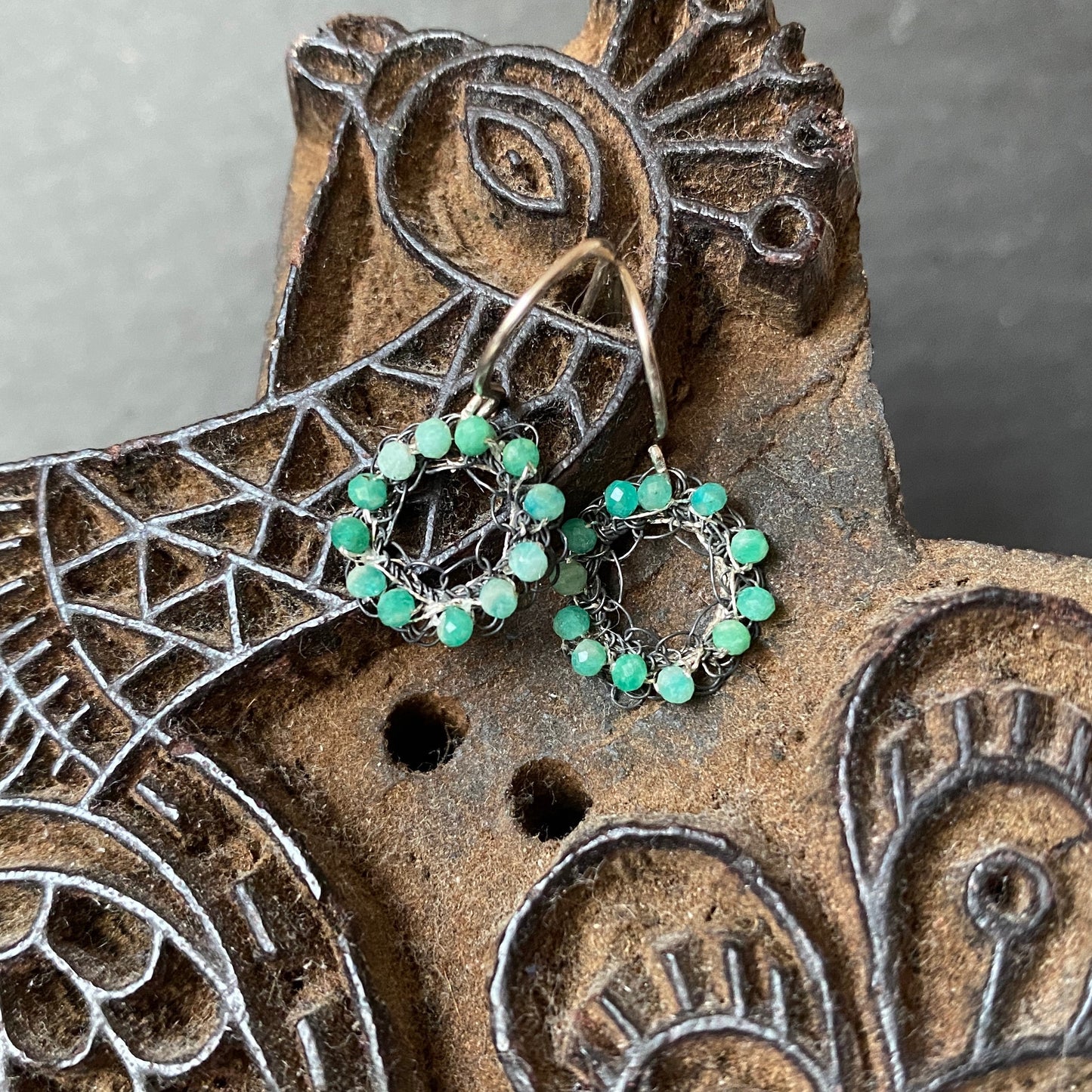 Oxidised Crochet Earrings with Chrysoprase