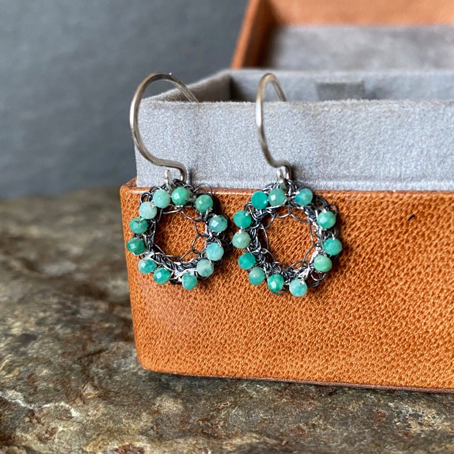 Oxidised Crochet Earrings with Chrysoprase