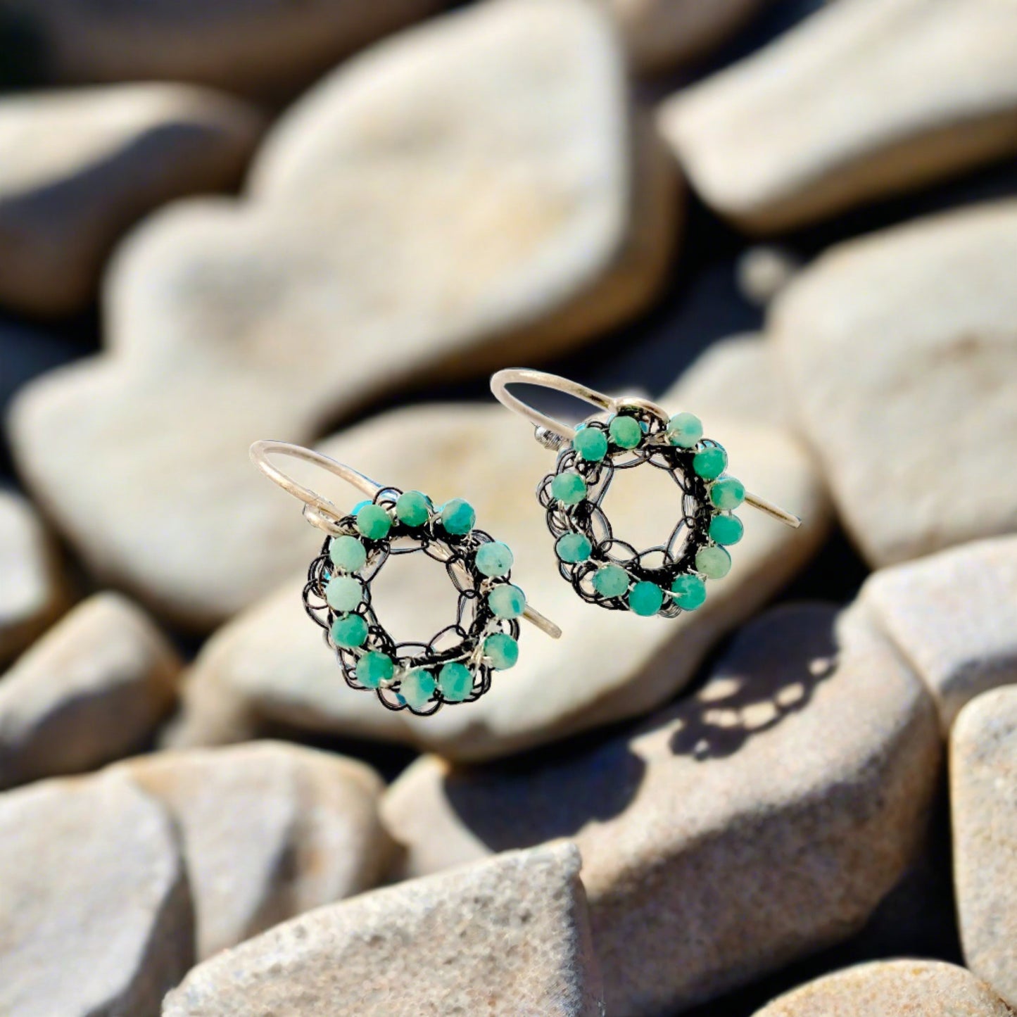 Oxidised Crochet Earrings with Chrysoprase