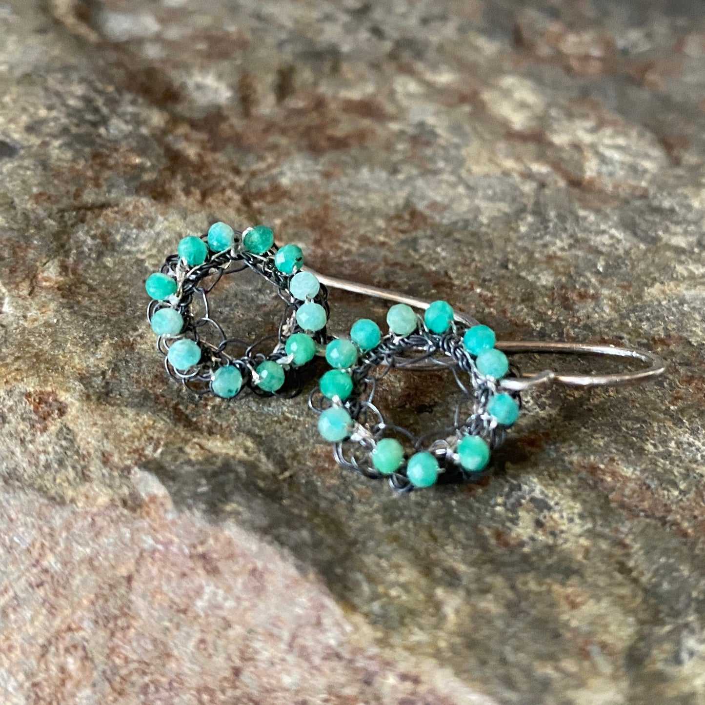 Oxidised Crochet Earrings with Chrysoprase
