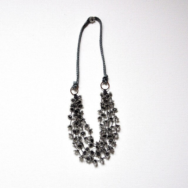 Flower Fall Crocheted And Beaded Necklace in White Wedding Jewelry Unique Floral Bridal Silver and Silk