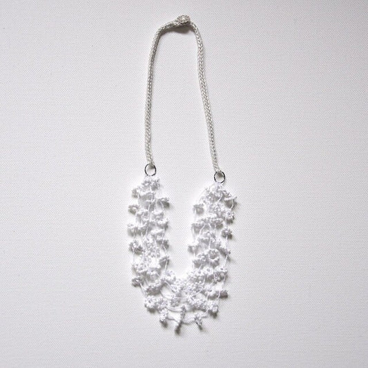 Flower Fall Crocheted And Beaded Necklace in White Wedding Jewelry Unique Floral Bridal Silver and Silk