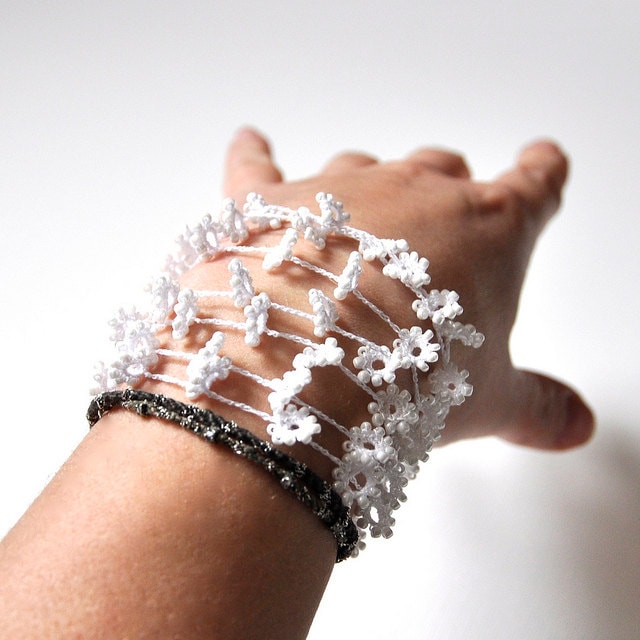 Flower Fall Crocheted And Beaded Necklace in White Wedding Jewelry Unique Floral Bridal Silver and Silk