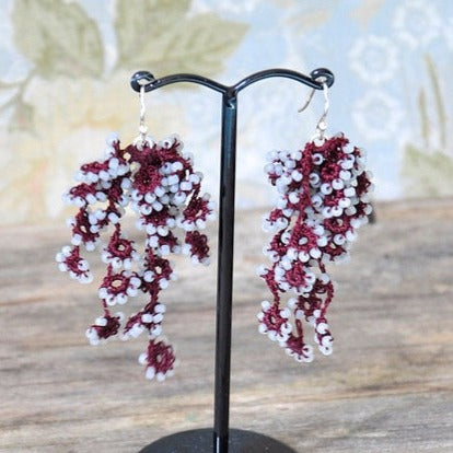Flower Falls Crochet Earrings in Maroon and Grey