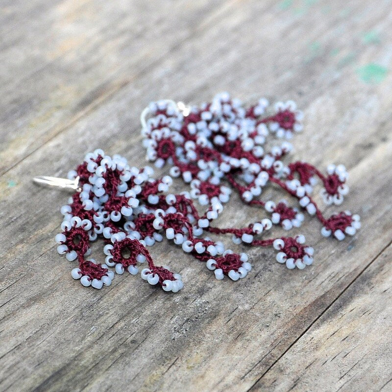 Flower Falls Crochet Earrings in Maroon and Grey