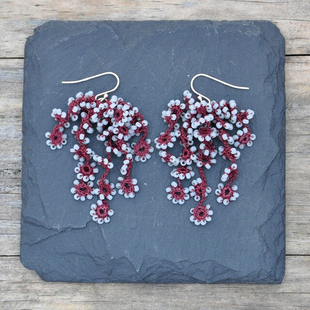 Flower Falls Crochet Earrings in Maroon and Grey