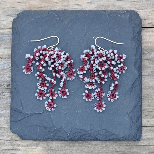 Flower Falls Crochet Earrings in Maroon and Grey