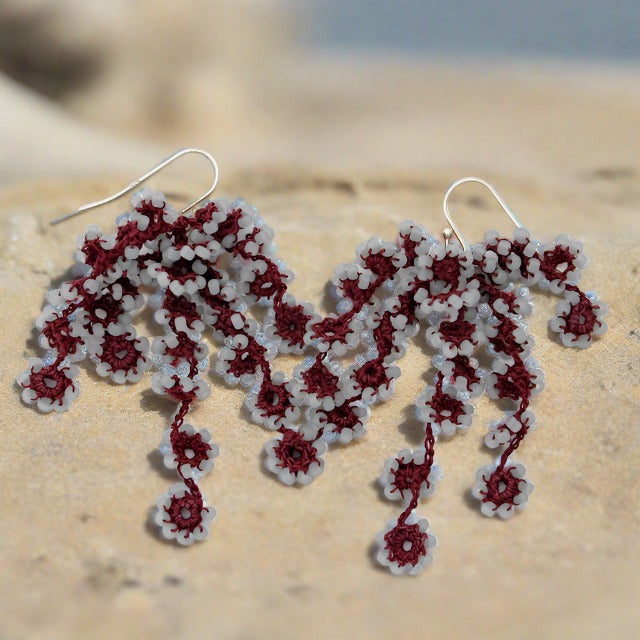 Flower Falls Crochet Earrings in Maroon and Grey