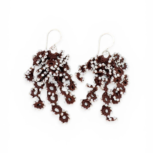 Pair of brown lace earrings on a white background