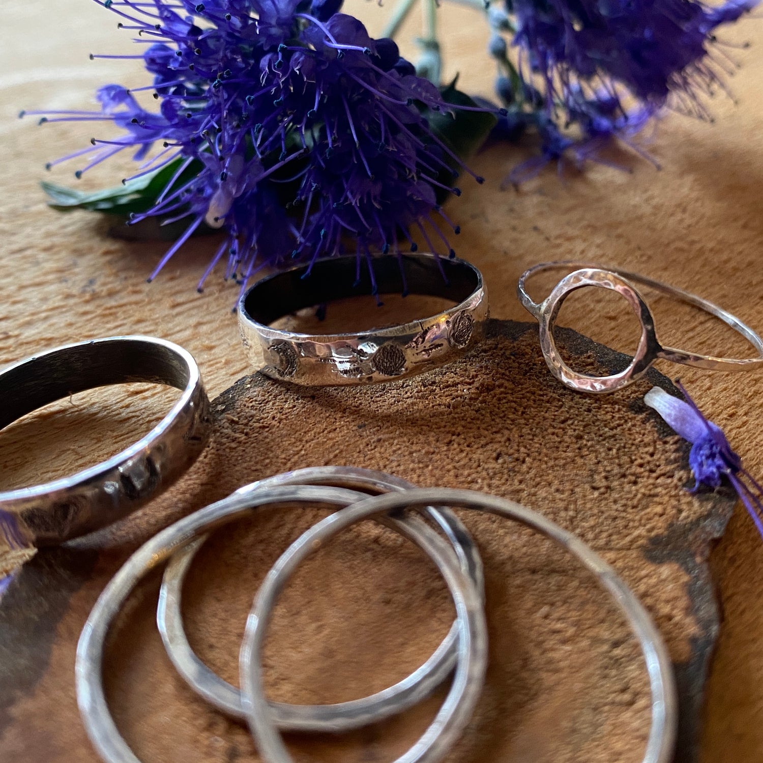 new rings with hand etched patterns, unique and one of a kind