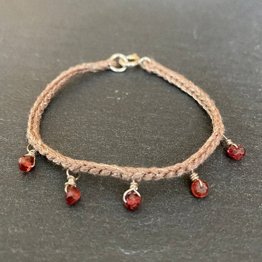 brown silk bracelet with red garnet beads