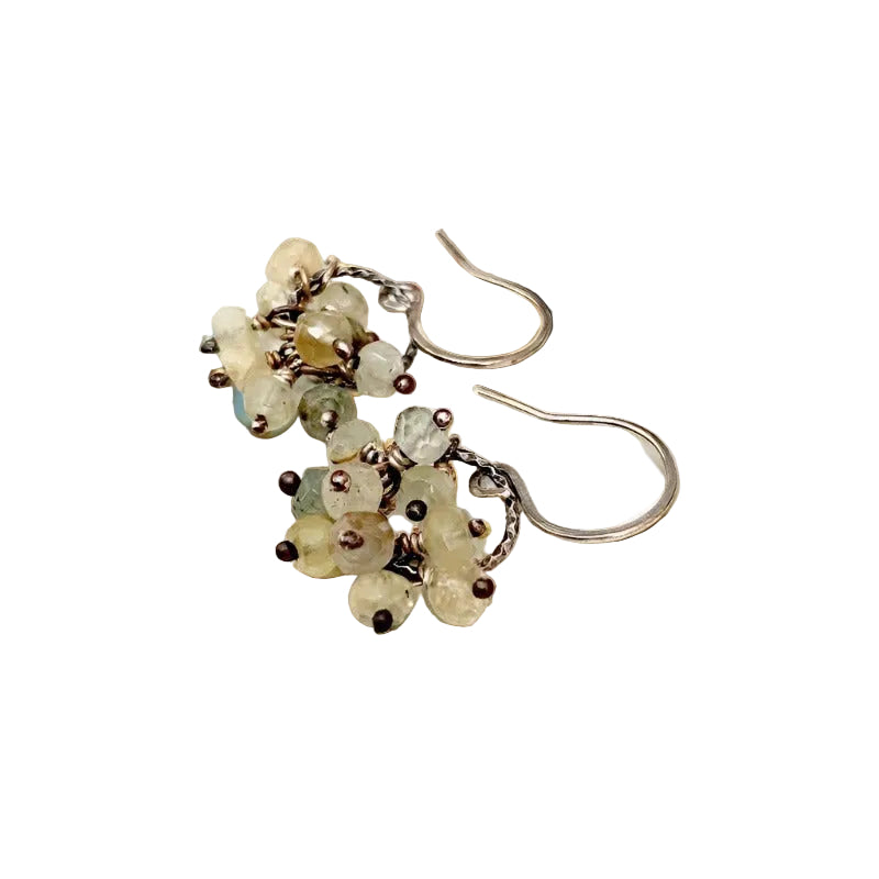 small yellow beads cluster earrings on white background