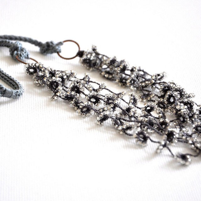 Flower Fall Crocheted And Beaded Necklace in Grey Wedding Jewellery Unique Floral Bridal Silver and Silk