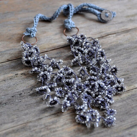 Flower Fall Crocheted And Beaded Necklace in Grey Wedding Jewellery Unique Floral Bridal Silver and Silk