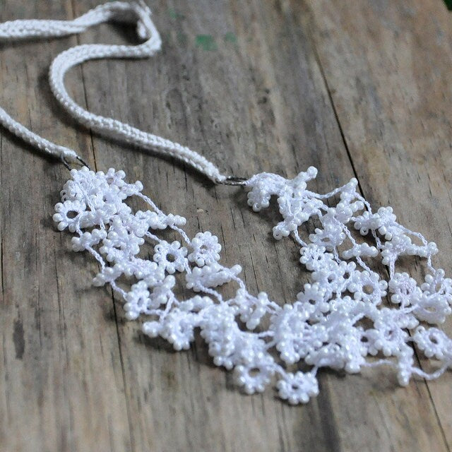 Flower Fall Crocheted And Beaded Necklace in White Wedding Jewelry Unique Floral Bridal Silver and Silk