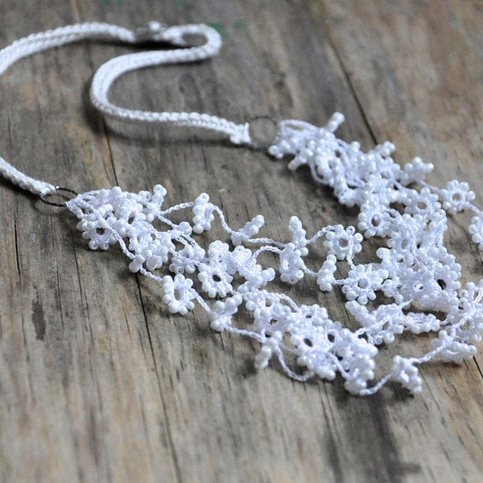 Flower Fall Crocheted And Beaded Necklace in White Wedding Jewelry Unique Floral Bridal Silver and Silk