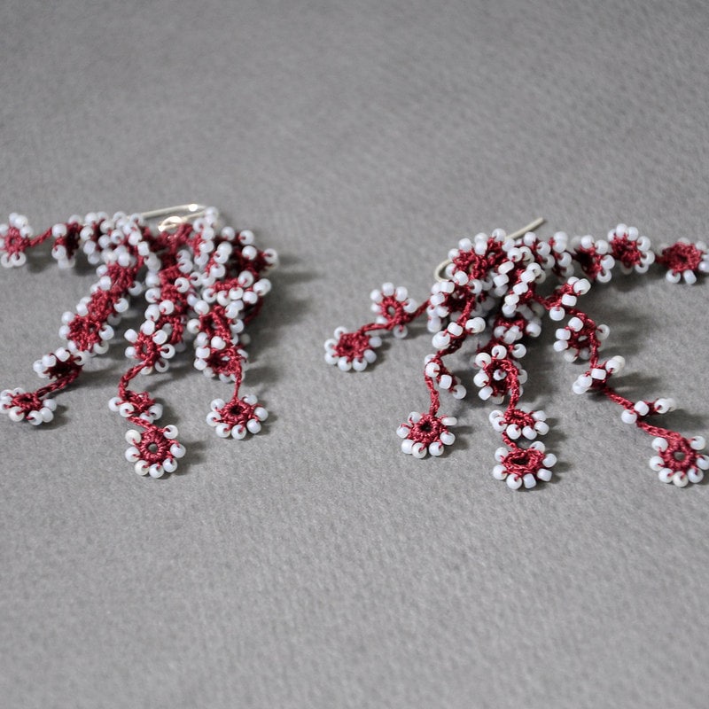 Flower Falls Crochet Earrings in Maroon and Grey