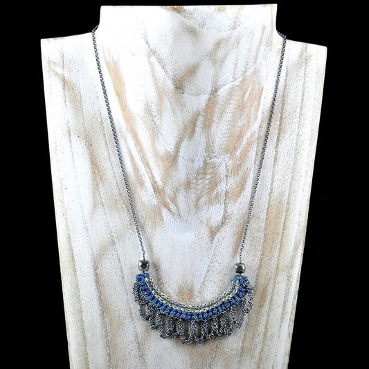 Crochet Silver Fringe Necklace With Pyrite