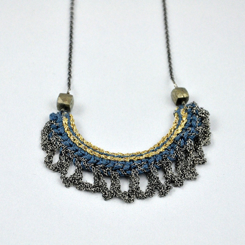 Crochet Silver Fringe Necklace With Pyrite